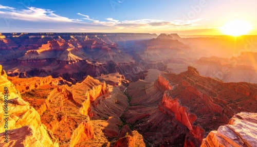 Golden sunrise illuminates the vast and majestic Grand Canyon, highlighting its sweeping layers of vibrant sandstone.