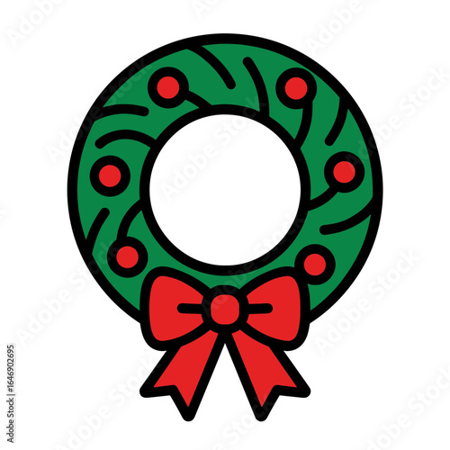 Christmas wreath with red berries and bow in simple design  