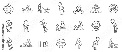 Kids activities icon set of 21 line symbols for blogs, websites, clipart for cards, school and parent education, safety awareness, presentations and apps