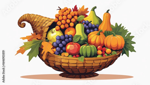 Abundant cornucopia filled with autumn harvest fruits and vegetables abundance