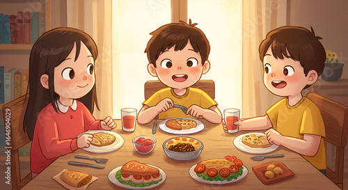 Charming cartoon illustration of three children enjoying a meal together at home