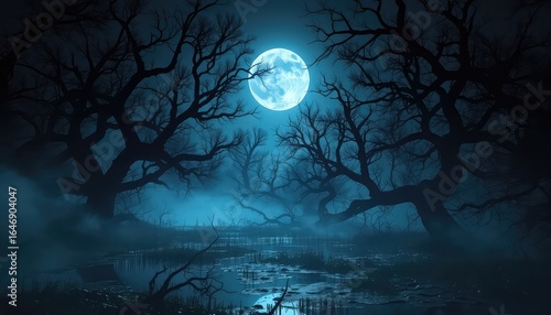 Full moon casts an eerie glow over a misty swamp landscape with dark, skeletal trees reaching into the night sky