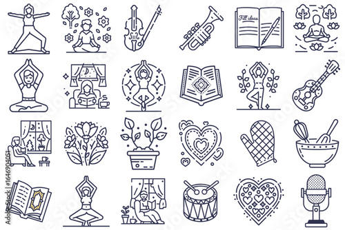 Hobbies icon set of 24 — yoga, reading, cooking, singing, music, meditation, fitness for blogs, websites, clipart for cards, stationery design, education and presentations