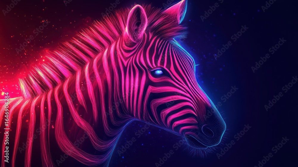 Fototapeta premium Neon zebra portrait, vibrant pink and blue hues, dark background