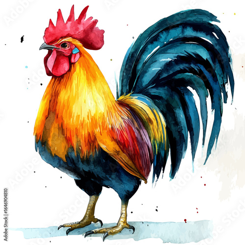 Chicken Wild Type A Junglefowl, watercolor illustration vector, isolated on a white background.