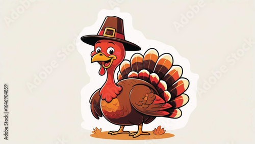 Cartoon turkey wearing a pilgrim hat with colorful feathers and a happy expression thanksgiving bird