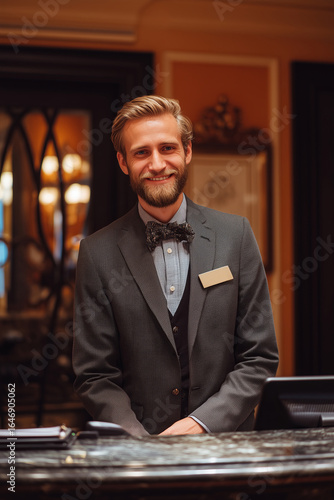 Professional male hotel manager standing confidently behind the reception desk in hotel lobby, warmly greeting guests with a friendly and professional welcome smile. 