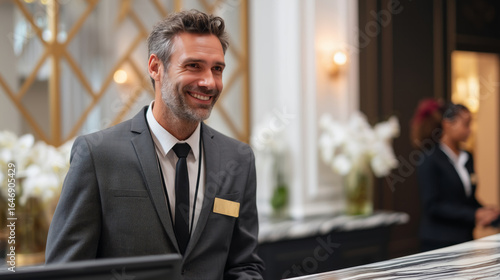 Professional male hotel manager standing confidently behind the reception desk in hotel lobby, warmly greeting guests with a friendly and professional welcome smile. 