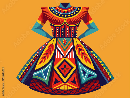 Isolated vibrant African Ankara print dress with bold geometric patterns and flared skirt