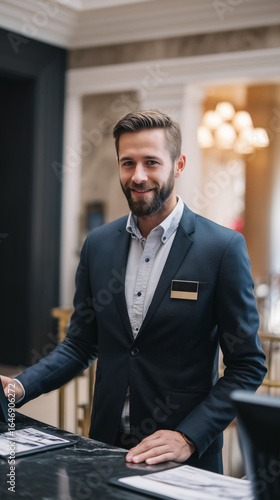 Professional male hotel manager standing confidently behind the reception desk in hotel lobby, warmly greeting guests with a friendly and professional welcome smile. 
