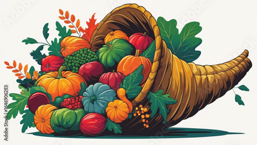 Cornucopia overflowing with colorful pumpkins squash and autumn leaves abundance harvest