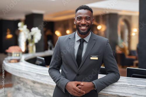 Professional male hotel manager standing confidently behind the reception desk in hotel lobby, warmly greeting guests with a friendly and professional welcome smile. 