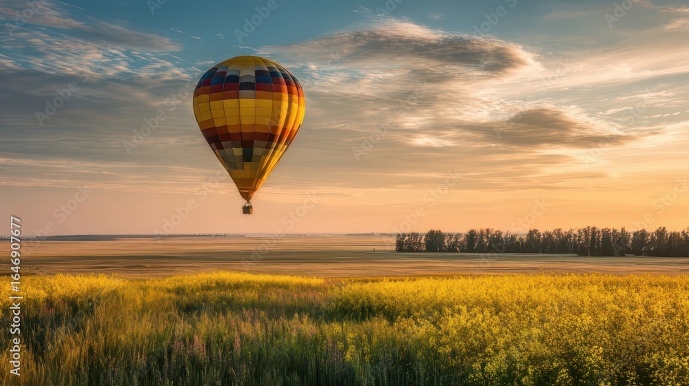 Obraz premium Colorful hot air balloon flying over yellow rapeseed field at sunset