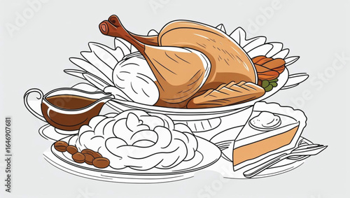 Roasted turkey dinner with mashed potatoes gravy and pie food meal
