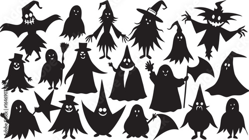 Silhouetted Halloween Monsters and Ghosts in Various Shapes and Sizes