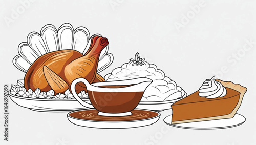 Roasted turkey with mashed potatoes gravy and pumpkin pie Thanksgiving food