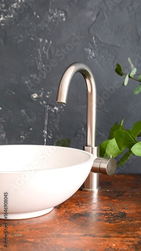 Modern sink and brushed nickel faucet on dark wood counter