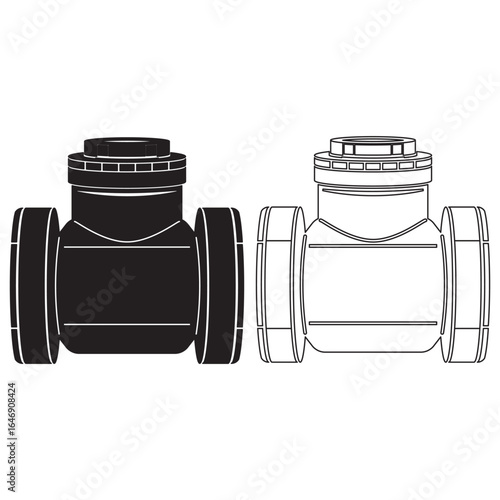 Check valve vector icon in solid and outline styles, ideal for plumbing, engineering, industrial, water flow control, mechanical, and infrastructure system design applications.