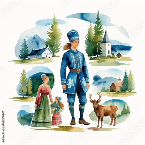 Nordic Elegance: Evoking the charm of Scandinavian culture, this watercolor painting presents a picturesque scene. Featuring traditional attire, serene landscapes, and the warmth of family.