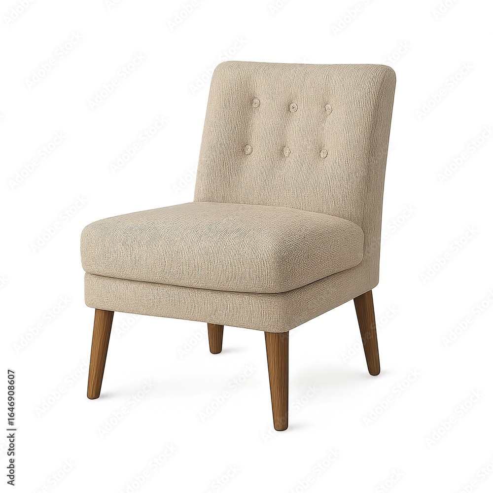 Fototapeta premium Photo of a single, stylish upholstered armchair with a textured fabric and wooden legs, isolated on a transparent background, representing modern interior design and comfortable seating