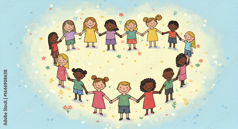 Fototapeta premium Multicultural children holding hands forming a heart, promoting diversity and unity