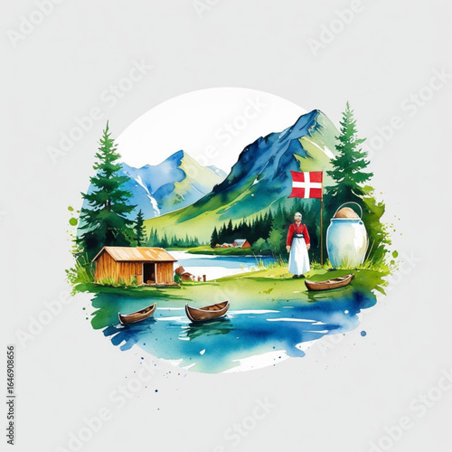 Danish Landscape Illustration: A charming watercolor illustration portrays a picturesque Danish landscape. Lush green hills meet clear waters under a bright sky.