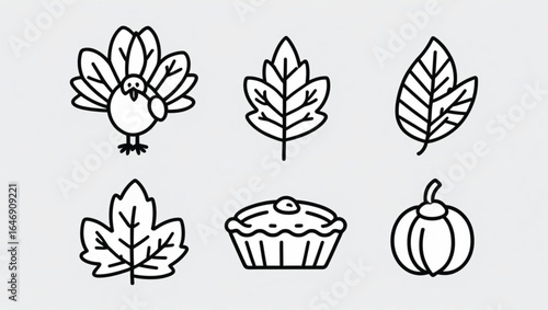 Thanksgiving icons turkey leaves pie and pumpkin simple line art autumn fall