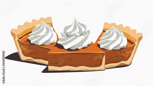 Three slices of pumpkin pie with whipped cream on white background pie slice dessert