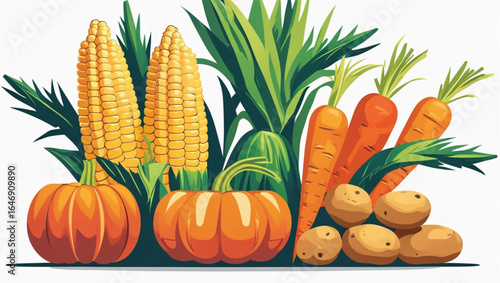 Two orange pumpkins two corn cobs carrots and potatoes with green leaves vegetable