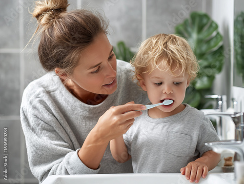Mother and son brushing teeth in bathroom. Little boy with toothbrush