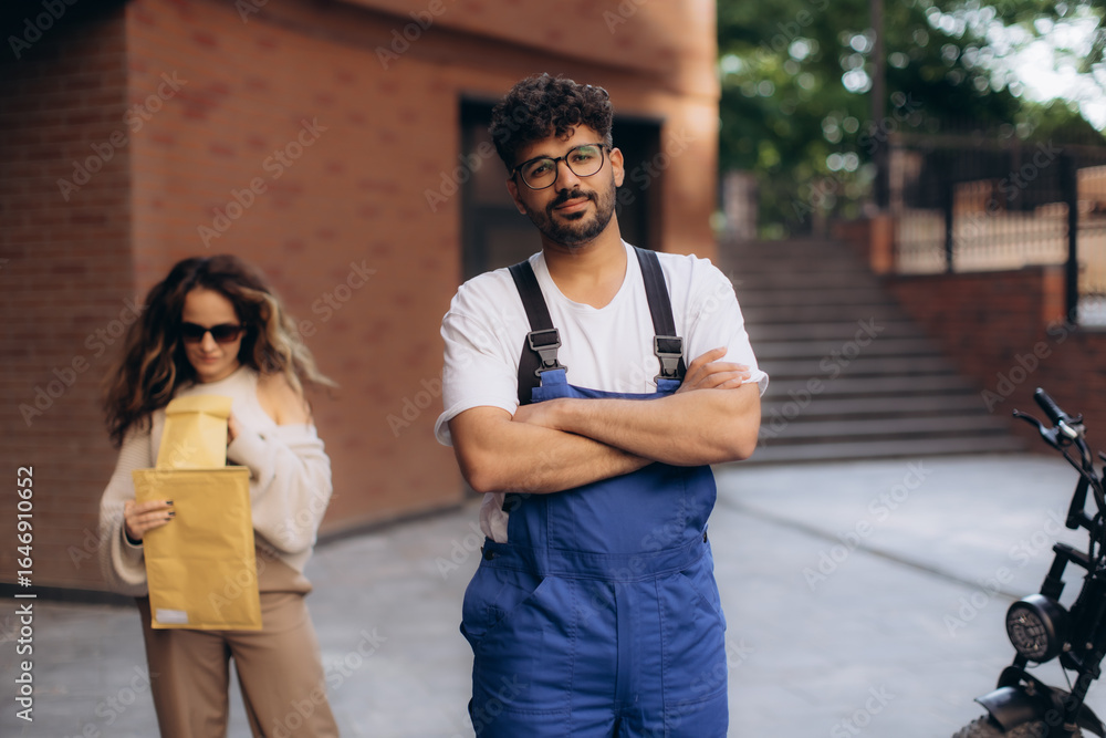 Naklejka premium Delivery man waiting with crossed arms and electric scooter, woman holding package