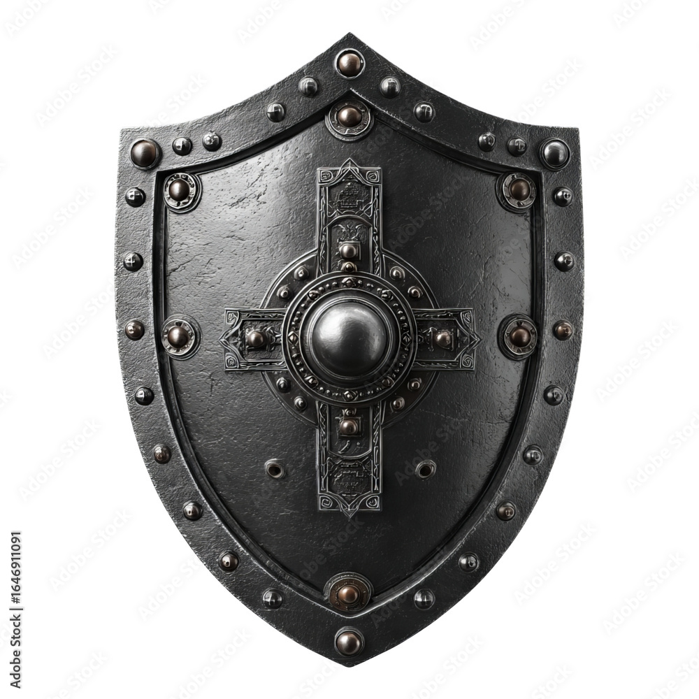 Fototapeta premium Detailed Black Metal Shield Isolated on Transparent Background