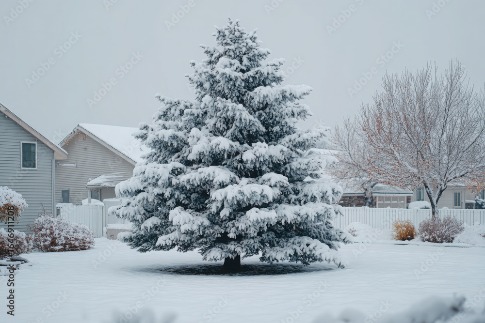 Naklejka premium Snowy Evergreen Tree in a Residential Yard winter spruce