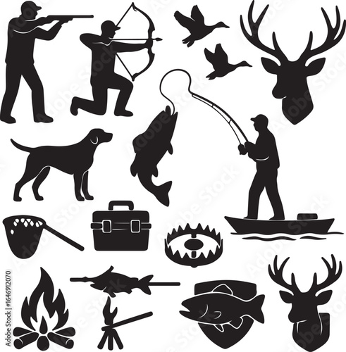 Set of Hunting and Fishing Silhouettes Hunters, Rifles, Deer, Fish, Rods & Outdoor Gear Vector Clipart