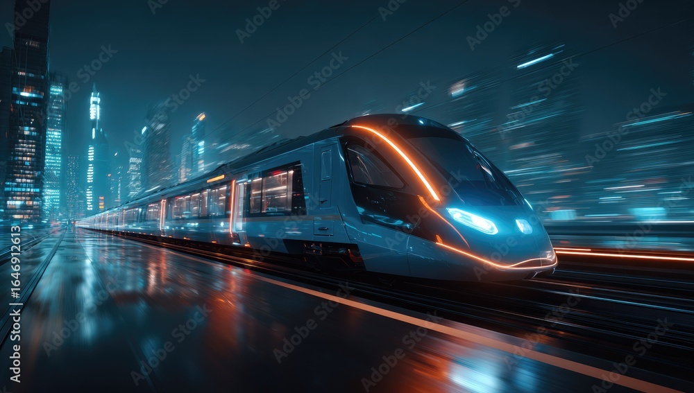 Naklejka premium High-speed train traveling through a futuristic cityscape at night