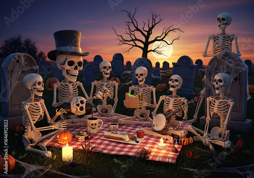 Skeletons having a picnic in a graveyard at sunset