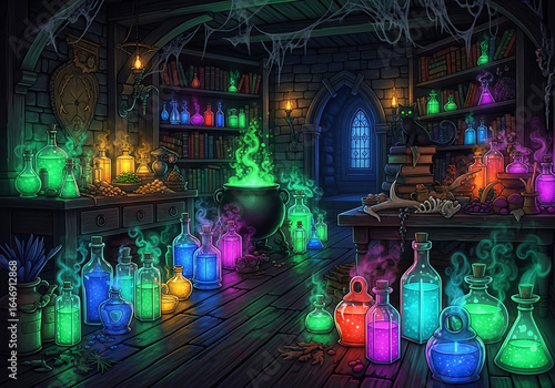 Witch's potion room with colorful glowing liquids and cauldron