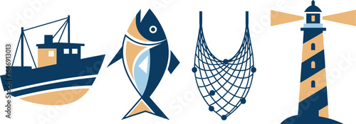 Fishing industry icons featuring a fishing boat, fish, fishing net, and lighthouse.