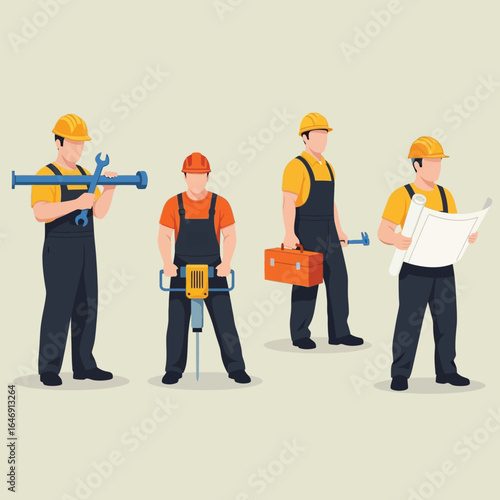 Four construction workers, each holding tools and blueprints, showcasing various construction roles.