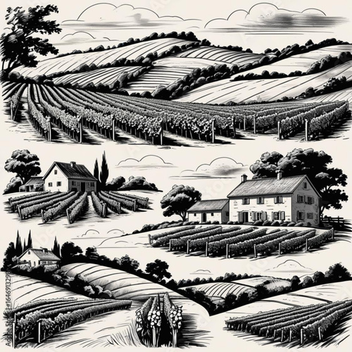 Vineyard Harmony: A set of elegant, monochrome drawings captures the serene beauty of vineyards, showcasing rolling hills, orderly rows of vines, and quaint houses.