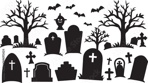 Halloween Cemetery Silhouette with Gravestones Trees and Bats for Spooky Season