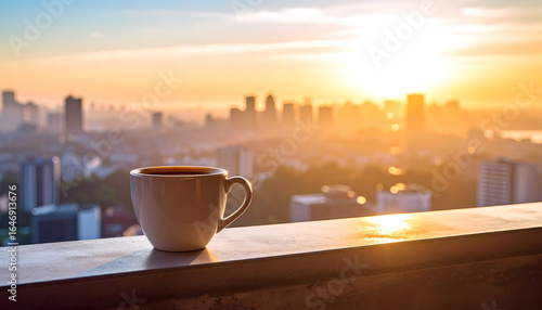 Matahari Terbit dari pemandangan gedung lantai atas dengan segelas kopi - Sunrise Coffee: A Golden Morning Overlooking the City Skyline with a Warm Beverage