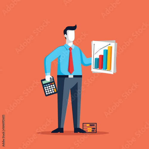 Businessman analyzing financial data, holding charts and calculator, assessing performance.