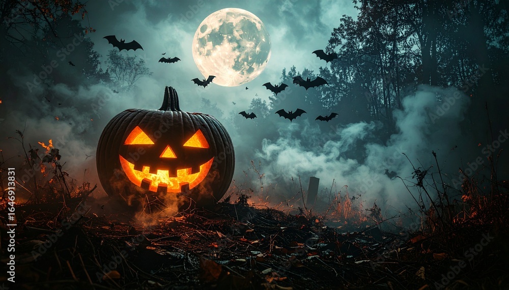 Naklejka premium Spooky Halloween Scene with Pumpkin, Bats, and Smoky Dark Atmosphere