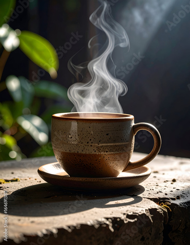 Steaming Coffee Cup on Wood Table Bathed in Sunlight: A Moment of Warm Tranquility