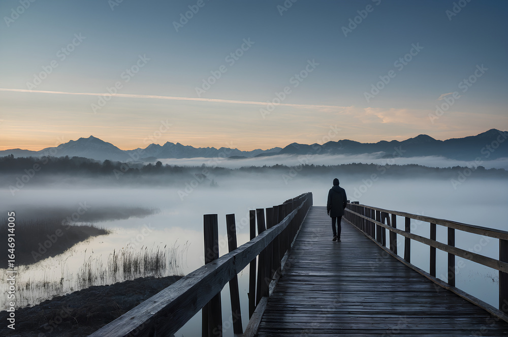 Fototapeta premium Serene mist walk silhouette on wooden pier in foggy mountain landscape