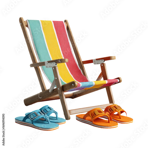 Colorful Beach Chair and Flip Flops on Transparent Background
