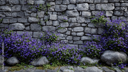 A stone wall adorned with purple flowers