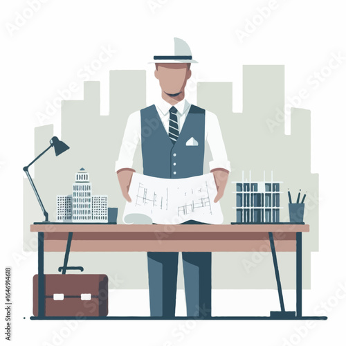 Flat Vector Illustration -  An architect holding architectural plans with a scale model building on the desk, no visible face, minimalist modern style, isolated on white background