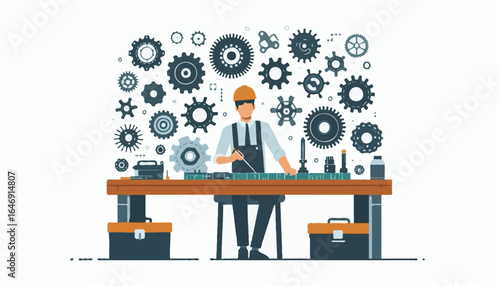 Flat Vector Illustration -  A mechanical engineer working with gears and mechanical parts on a workbench, no visible face, minimalist style, isolated on white background